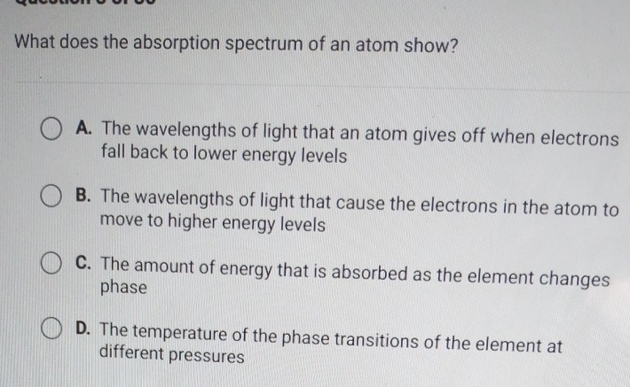 Solved: What does the absorption spectrum of an atom show? A. The ...