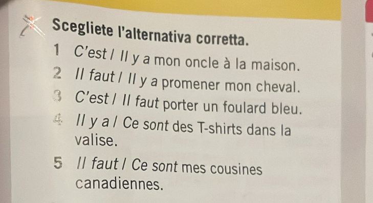 Scegliete l'alternativa corretta.
1 C'est I II y a mon oncle à la maison.
2 11 faut I II y a promener mon cheval.
3 C'est I II faut porter un foulard bleu.
4 Il y a / Ce sont des T-shirts dans la
valise.
5 II faut I Ce sont mes cousines
canadiennes.