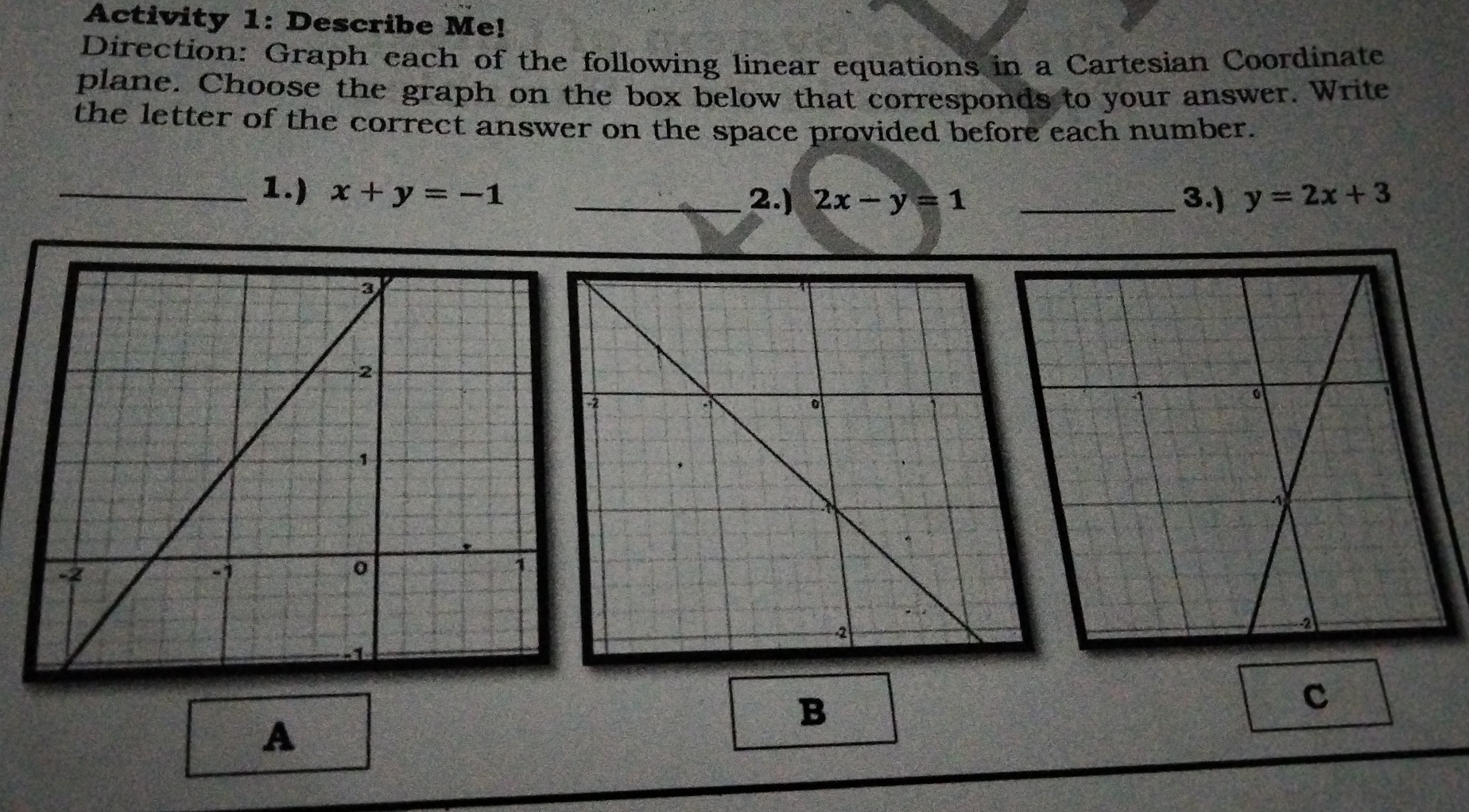 Activity 1: Describe Me!
Direction: Graph each of the following linear equations in a Cartesian Coordinate
plane. Choose the graph on the box below that corresponds to your answer. Write
the letter of the correct answer on the space provided before each number.
_1.) x+y=-1 __3.) y=2x+3
2.) 2x-y=1
c
A
B