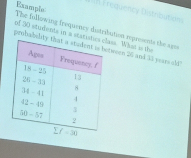 ith Frequency Distributions
The following frequency distribution represents the ages Example
of 30 students in a statiass. What is the
probabilittween 26 and 33 years old?