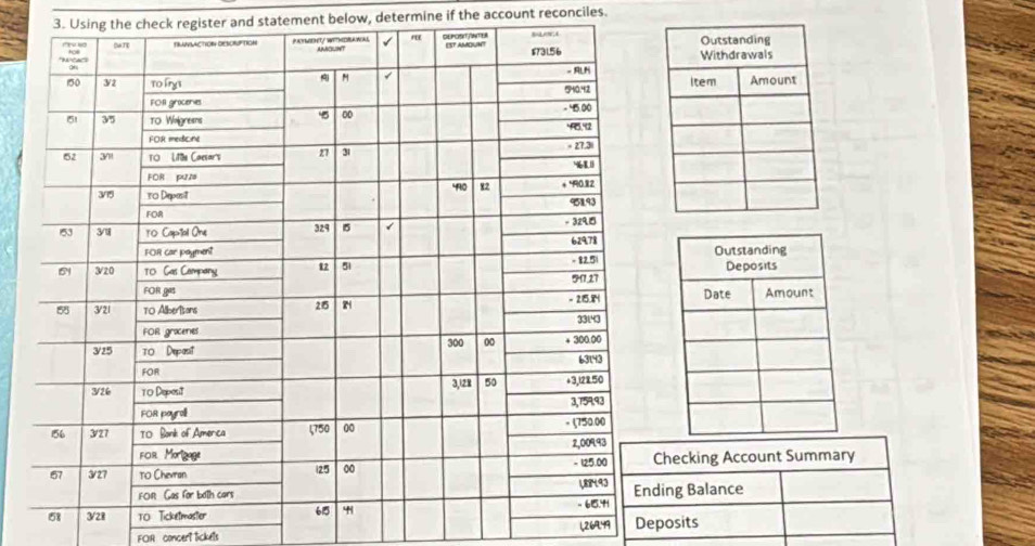 Using the check register and statement below, determine if the account reconciles. 

hecking Account Summary 
ing Balance 
FOR concer? licke!s 1,267.49 Deposits