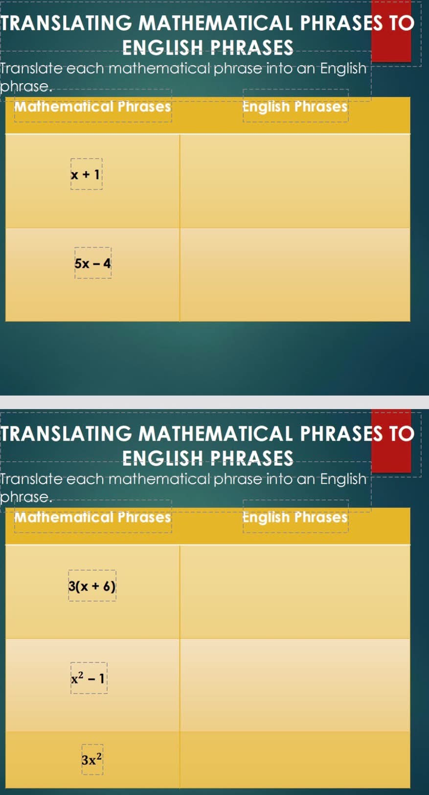 TRANSLATING MATHEMATICAL PHRASES TO
ENGLISH PHRASES
Translate each mathematical phrase into an English
ph
TRANSLATING MATHEMATICAL PHRASES TO
ENGLISH PHRASES
Translate each mathematical phrase into an English
ph