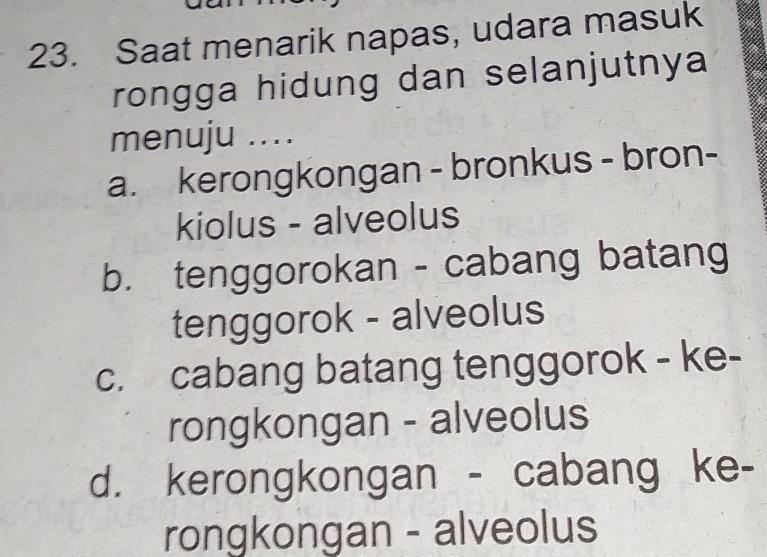 Saat menarik napas, udara masuk
rongga hidung dan selanjutnya
menuju ....
a. kerongkongan - bronkus - bron-
kiolus - alveolus
b. tenggorokan - cabang batang
tenggorok - alveolus
c. cabang batang tenggorok - ke-
rongkongan - alveolus
d. kerongkongan - cabang ke-
rongkongan - alveolus