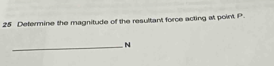 Determine the magnitude of the resultant force acting at point P. 
_ N