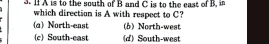 I1 A is to the south of B and C is to the east of B, i
which direction is A with respect to C?
(a) North-east (b) North-west
(c) South-east (d) South-west