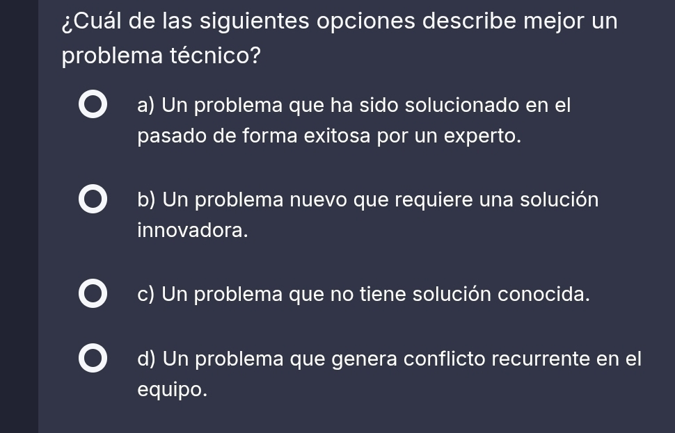 Resuelto:¿Cuál de las siguientes opciones describe mejor un problema ...