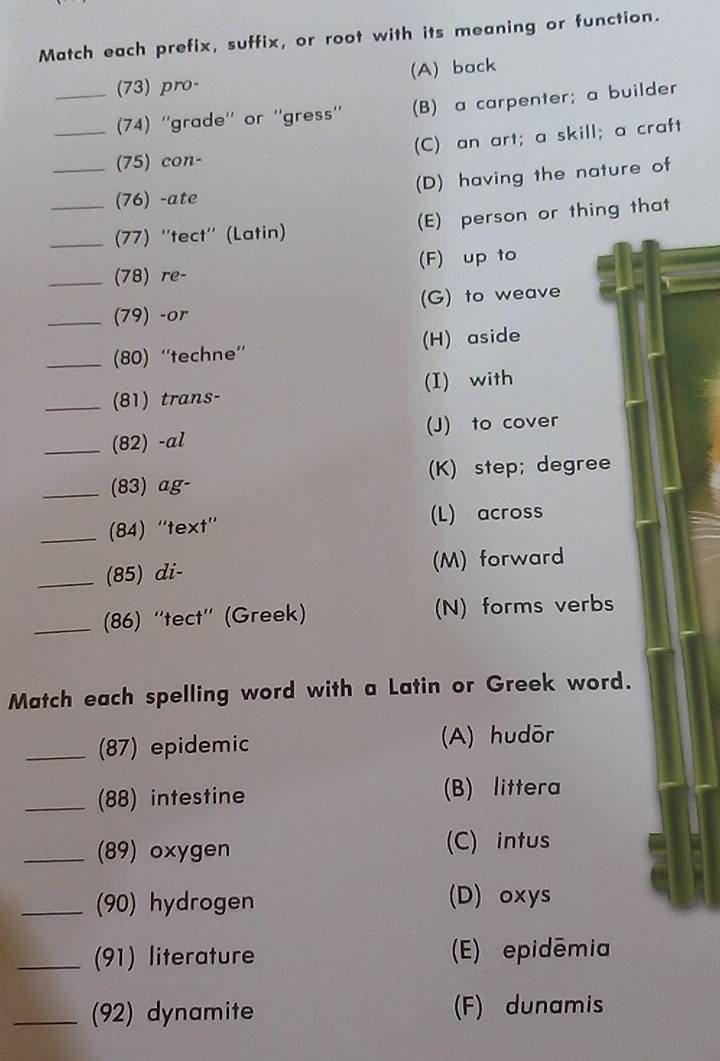 Solved: Match each prefix, suffix, or root with its meaning or function ...