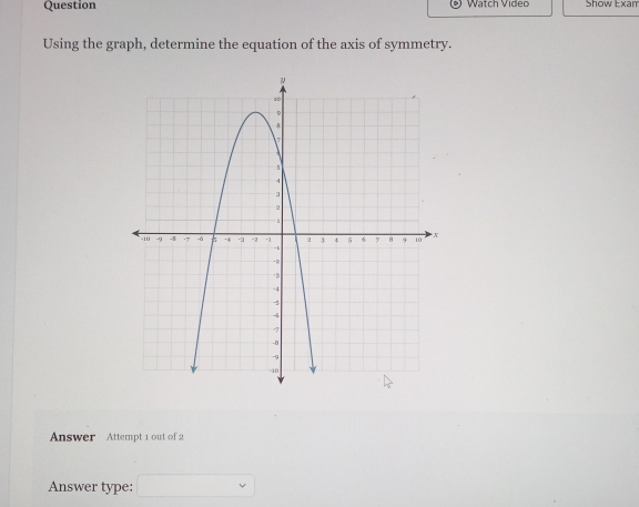 Question Watch Video Show Exam 
Using the graph, determine the equation of the axis of symmetry. 
Answer Attempt 1 out of 2 
Answer type: □