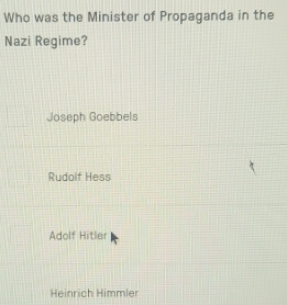 Who was the Minister of Propaganda in the
Nazi Regime?
Joseph Goebbels
Rudolf Hess
Adolf Hitler
Heinrich Himmler