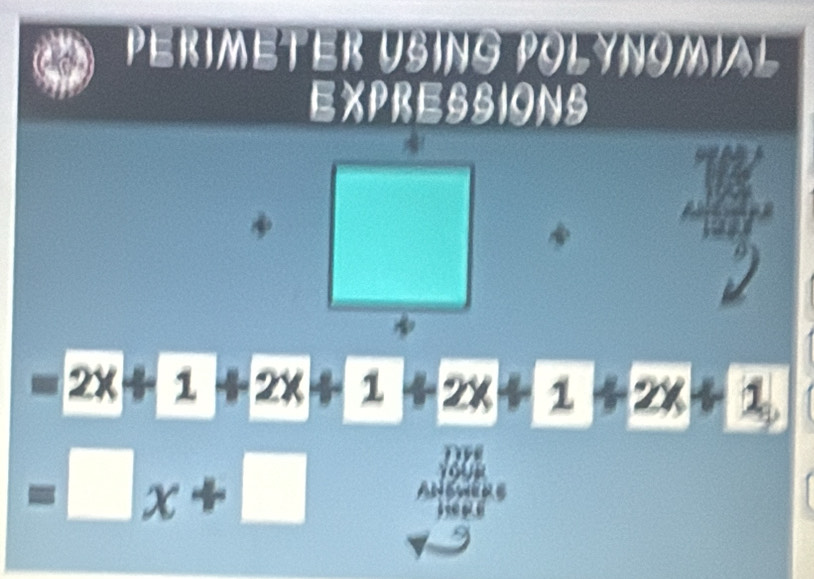 Perimeter Using Polynomial 
EXPRESSIONS
2x+1+2x+1+2x+1+2x+1
□ x+□