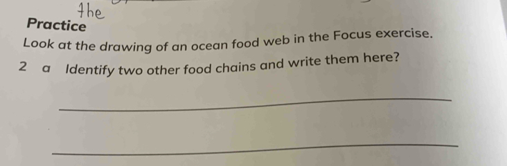 Practice 
Look at the drawing of an ocean food web in the Focus exercise. 
2 a Identify two other food chains and write them here? 
_ 
_