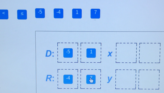 < s  -5 -4 1 7
D: -5 1 x
R: -4
y