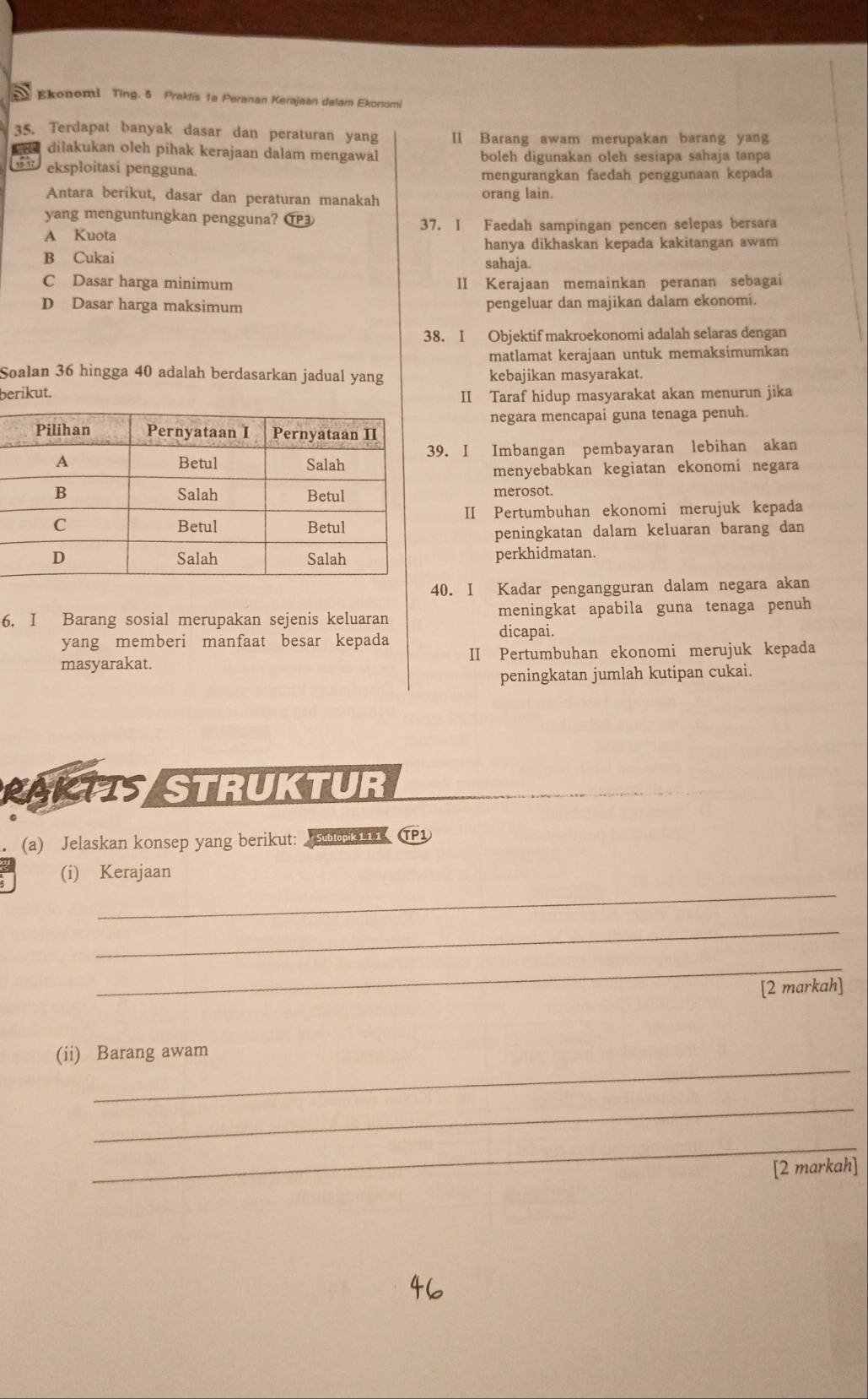 Ekonomi Ting. 5 Praktis 1a Peranan Kerajaan dalam Ekonomi
35. Terdapat banyak dasar dan peraturan yang Il Barang awam merupakan barang yang
dilakukan oleh pihak kerajaan dalam mengawal boleh digunakan oleh sesiapa sahaja tanpa
eksploitasi pengguna.
mengurangkan faedah penggunaan kepada
Antara berikut, dasar dan peraturan manakah orang lain.
yang menguntungkan pengguna? CP3 37. I Faedah sampingan pencen selepas bersara
A Kuota
hanya dikhaskan kepada kakitangan awam
B Cukai sahaja.
C Dasar harga minimum II Kerajaan memainkan peranan sebagai
D Dasar harga maksimum pengeluar dan majikan dalam ekonomi.
38. I Objektif makroekonomi adalah selaras dengan
matlamat kerajaan untuk memaksimumkan
Soalan 36 hingga 40 adalah berdasarkan jadual yang kebajikan masyarakat.
berikut.
II Taraf hidup masyarakat akan menurun jika
negara mencapai guna tenaga penuh.
. I Imbangan pembayaran lebihan akan
menyebabkan kegiatan ekonomi negara
merosot.
II Pertumbuhan ekonomi merujuk kepada
peningkatan dalam keluaran barang dan
perkhidmatan.
. I Kadar pengangguran dalam negara akan
6. I Barang sosial merupakan sejenis keluaran dicapai. meningkat apabila guna tenaga penuh
yang memberi manfaat besar kepada
masyarakat. II Pertumbuhan ekonomi merujuk kepada
peningkatan jumlah kutipan cukai.
RAKTIS STRUKTUR
(a) Jelaskan konsep yang berikut: swk ii TP1
_
(i) Kerajaan
_
_
[2 markah]
_
(ii) Barang awam
_
_
[2 markah]