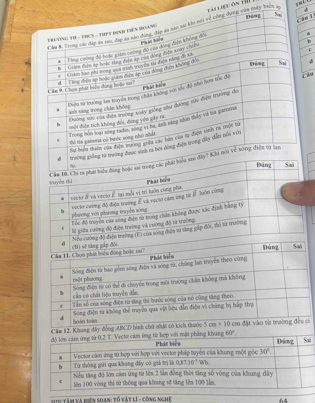 tài liệu ôn thí
d
Đúng Sai
Câu 13
TtRườNG TH - THCS - tHPT đINH TiêN Hoàng TRUO
au, đáp án nào đúng, đáp án nào sai khi nói về công dụng của máy biến áp
a
t biểu
b
n không đổi
c
d
âu
Câu 10. Ch
truyền thì
Phát biểu
a vectơ É và vectơ É tại mỗi vị trí luôn cùng pha.
b vectơ cường độ điện trường Ả và vectơ cảm ứng từ
vector B luôn cùng
phương với phương truyền sóng.
Tốc độ truyền của sóng điện từ trong chân không được xác định bằng tỷ
c lệ giữa cường độ điện trường và cường độ từ trường.
Nếu cường độ điện trường (E) của sóng điện từ tăng gấp đôi, thì từ trường
Câu 12. Khung dây đồng AB
60°.
Siu tTâm và biên SOạn: tổ vật lí - công nghê 64