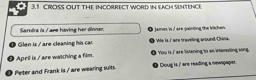 3.1 CROSS OUT THE INCORRECT WORD IN EACH SENTENCE 
Sandra is / are having her dinner. ④ James is / are painting the kitchen. 
D Glen is / are cleaning his car. ⑤ We is / are traveling around China. 
⑳ April is / are watching a film. ⑥ You is / are listening to an interesting song. 
Peter and Frank is / are wearing suits. ⑦ Doug is / are reading a newspaper.