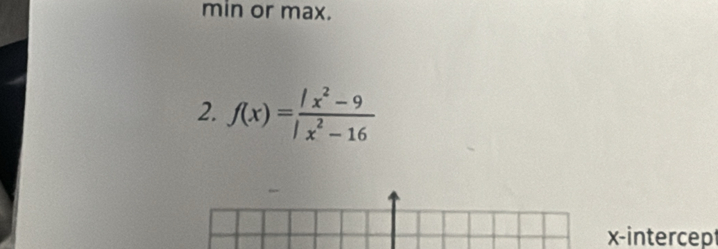 min or max. 
2. f(x)= (/x^2-9)//x^2-16 
x-intercept