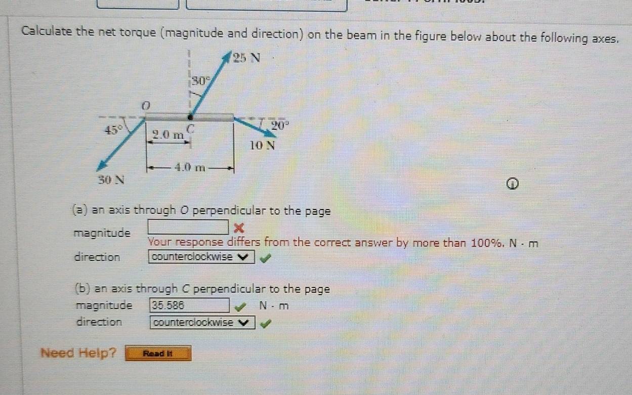 Solved: Calculate the net torque (magnitude and direction) on the beam ...