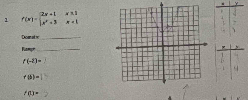 2 f(x)=beginarrayl 2x+1x≥ 1 x^2+3x<1endarray.
Domain;_
Range:_
f(-2)=
f(6)=
f(1)=