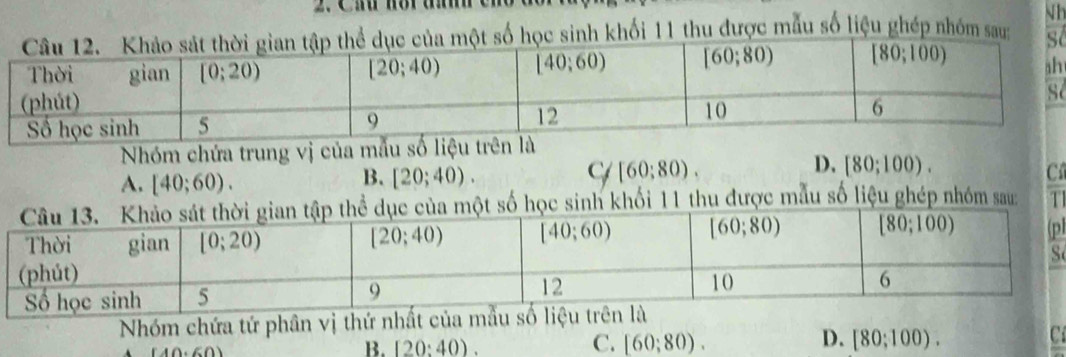 Cầu nôt  ă
Nh
ọc sinh khối 11 thu được mẫu số liệu ghép nhóm sau: t
h
e
Nhóm chứa trung vị của mẫu số liệu trê
D,
A. [40;60).
B. [20;40). C/[60;80). [80;100).
C
c sinh khối 11 thu được mẫu số liệu ghép nhóm sau: T
p
Nhóm chứa tứ phân vị thứ nhất của mẫu số liệu
(40,60)
B. 120:40).
C. [60;80). D. [80;100). C