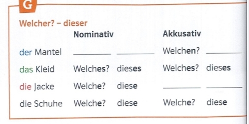 Welcher? - dieser 
Nominativ Akkusativ 
der Mantel __Welchen?_ 
das Kleid Welches? dieses Welches? dieses 
die Jacke Welche? diese_ 
_ 
die Schuhe Welche? diese Welche? diese