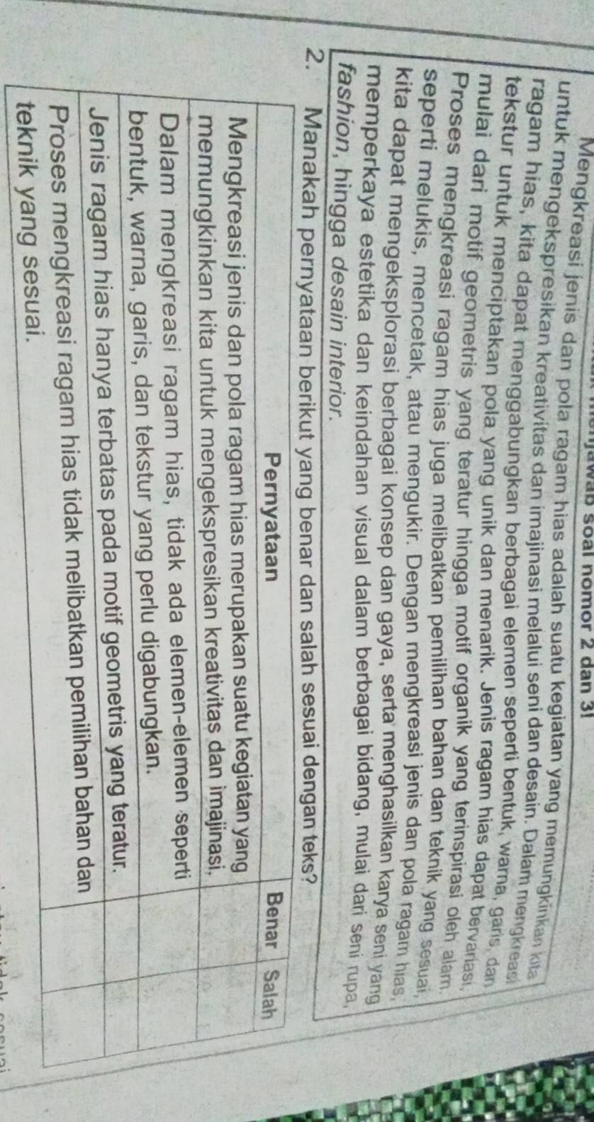 Jawab soal nomor 2 dan 3! 
Mengkreasi jenis dan pola ragam hias adalah suatu kegiatan yang memungkinkan kita 
untuk mengekspresikan kreativitas dan imajinasi melalui seni dan desain. Dalam meng reas 
ragam hias, kita dapat menggabungkan berbagai elemen seperti bentuk, warna, garis, dan 
tekstur untuk menciptakan pola yang unik dan menarik. Jenis ragam hias dapat bervariast 
mulai dari motif geometris yang teratur hingga motif organik yang terinspirasi oleh alam. 
Proses mengkreasi ragam hias juga melibatkan pemilihan bahan dan teknik yang sesuai , 
seperti melukis, mencetak, atau mengukir. Dengan mengkreasi jenis dan pola ragam hias, 
kita dapat mengeksplorasi berbagai konsep dan gaya, serta menghasilkan karya seni yang 
memperkaya estetika dan keindahan visual dalam berbagai bídang, mulai dari seni rupa, 
fashion, hingga desain interior.