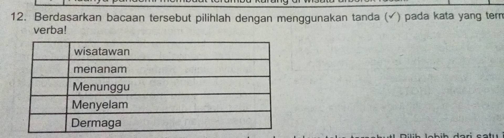 Berdasarkan bacaan tersebut pilihlah dengan menggunakan tanda (√) pada kata yang term 
verba!