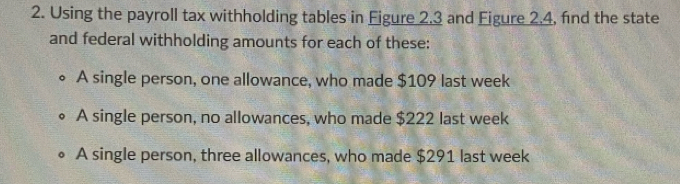 Using the payroll tax withholding tables in Figure 2.3 and Figure 2.4, find the state
and federal withholding amounts for each of these:
A single person, one allowance, who made $109 last week
A single person, no allowances, who made $222 last week
A single person, three allowances, who made $291 last week