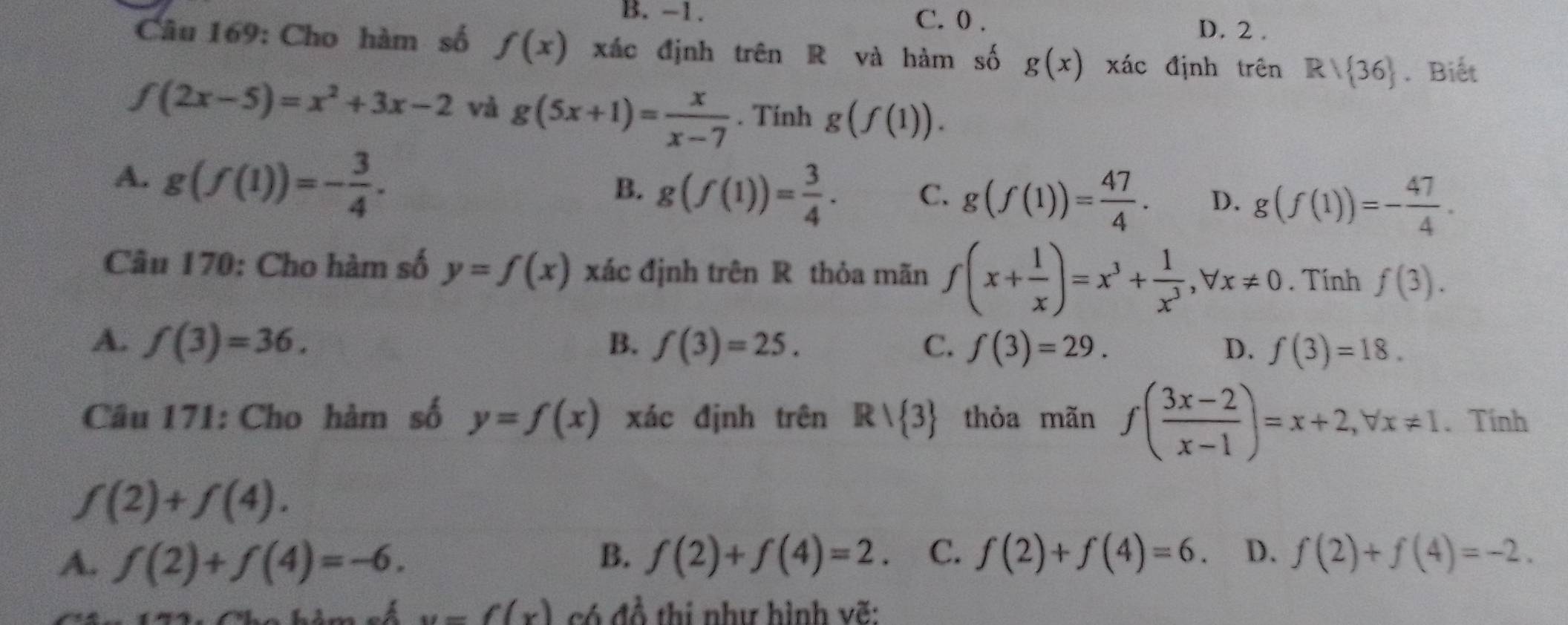 B. -1. C. 0.
D. 2.
Câu 169: Cho hàm số f(x) xác định trên R và hàm số g(x) xác định trên R/ 36.Biết
f(2x-5)=x^2+3x-2 và g(5x+1)= x/x-7 . Tính g(f(1)).
A. g(f(1))=- 3/4 .
B. g(f(1))= 3/4 . C. g(f(1))= 47/4 . D. g(f(1))=- 47/4 . 
Câu 170: Cho hàm số y=f(x) xác định trên R thỏa mãn f(x+ 1/x )=x^3+ 1/x^3 , forall x!= 0. Tính f(3).
A. f(3)=36. B. f(3)=25. C. f(3)=29. D. f(3)=18. 
Câu 171: Cho hàm số y=f(x) xác định trên Rvee  3 thỏa mãn f( (3x-2)/x-1 )=x+2, forall x!= 1. Tính
f(2)+f(4).
B.
A. f(2)+f(4)=-6. f(2)+f(4)=2. C. f(2)+f(4)=6. D. f(2)+f(4)=-2. 
him số u=f(x) có đồ thị như hình vẽ: