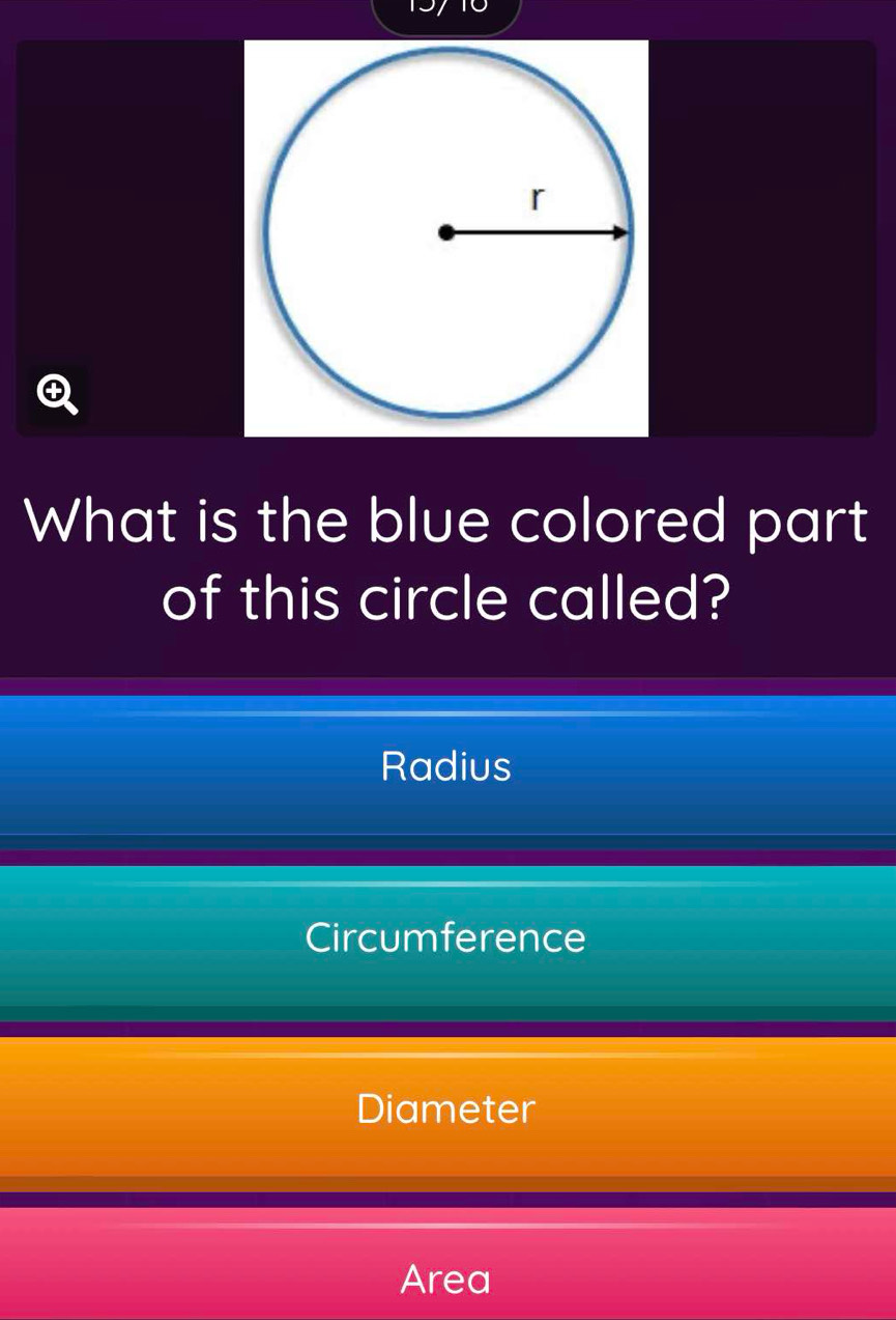 What is the blue colored part
of this circle called?
Radius
Circumference
Diameter
Area