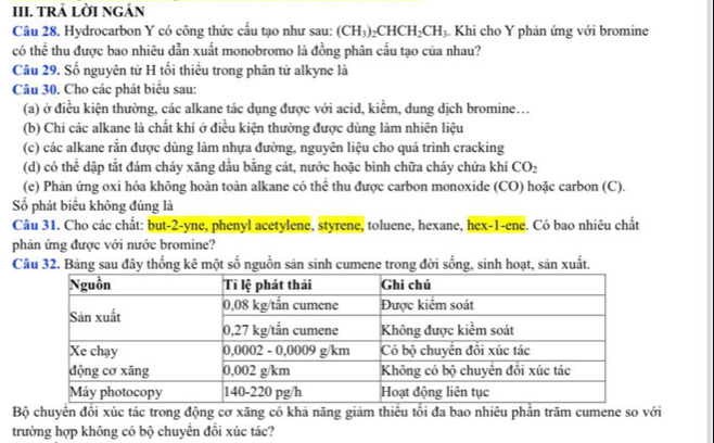 TRẢ LờI NGÁN 
Câu 28. Hydrocarbon Y có công thức cấu tạo như sau: (CH_3)_2CHCH_2CH_3. Khi cho Y phản ứng với bromine 
có thể thu được bao nhiêu dẫn xuất monobromo là đồng phân cấu tạo của nhau? 
Câu 29. Số nguyên từ H tối thiều trong phân tử alkyne là 
Câu 30. Cho các phát biểu sau: 
(a) ở điều kiện thường, các alkane tác dụng được với acid, kiểm, dung dịch bromine. 
(b) Chi các alkane là chất khí ở điều kiện thường được dùng làm nhiên liệu 
(c) các alkane rắn được dùng làm nhựa đường, nguyên liệu cho quá trình cracking 
(d) có thể dập tắt đám cháy xăng dầu bằng cát, nước hoặc bình chữa cháy chứa khí CO_2
(e) Phản ứng oxi hóa không hoàn toàn alkane có thể thu được carbon monoxide (CO) hoặc carbon (C). 
Số phát biểu không đúng là 
Câu 31. Cho các chất: but-2-yne, phenyl acetylene, styrene, toluene, hexane, hex-1-ene. Có bao nhiêu chất 
phản ứng được với nước bromine? 
Câu 32. Bảng sau đây thống kê một số nguồn sản sinh cumene trong đời sống, sinh hoạt, sản xuất. 
Bộ chuyến đồi xúc tác trong động cơ xăng có khả năng giảm thiếu tổi đa bao nhiêu phần trăm cumene so với 
trường hợp không có bộ chuyên đồi xúc tác?