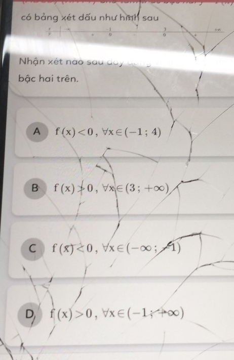 có bảng xét dấu như hình sau
-1
0
+
Nhận xét nào sau day dang
bậc hai trên.
A f(x)<0</tex>, forall x∈ (-1;4)
B f(x)>0, forall x∈ (3;+∈fty )
C f(x)<0</tex>, forall x∈ (-∈fty ;-1)
D, f(x)>0, forall x∈ (-1,+∈fty )