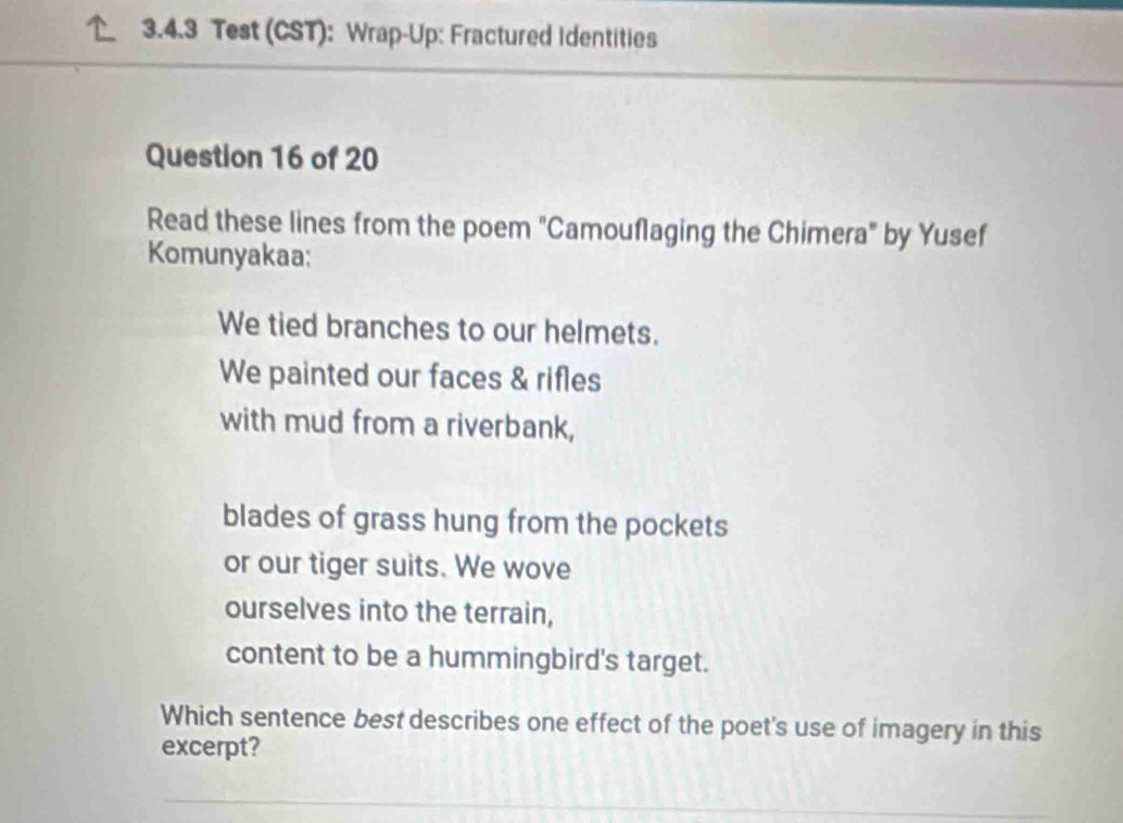 Test (CST): Wrap-Up: Fractured Identities 
Question 16 of 20 
Read these lines from the poem "Camouflaging the Chimera" by Yusef 
Komunyakaa: 
We tied branches to our helmets. 
We painted our faces & rifles 
with mud from a riverbank, 
blades of grass hung from the pockets 
or our tiger suits. We wove 
ourselves into the terrain, 
content to be a hummingbird's target. 
Which sentence best describes one effect of the poet's use of imagery in this 
excerpt?