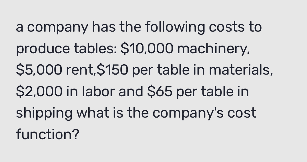 a company has the following costs to 
produce tables: $10,000 machinery,
$5,000 rent, $150 per table in materials,
$2,000 in labor and $65 per table in 
shipping what is the company's cost 
function?