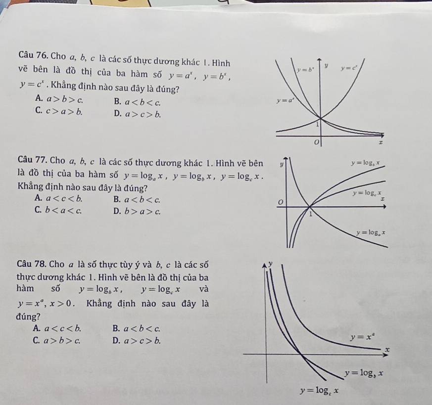 Cho a, b, c là các số thực dương khác 1. Hình
vẽ bên là đồ thị của ba hàm số y=a^x,y=b^x,
y=c^x. Khẳng định nào sau đây là đúng?
A. a>b>c. B. a
C. c>a>b. D. a>c>b.
Câu 77. Cho a, b, c là các số thực dương khác 1. Hình vẽ bên
là đồ thị của ba hàm số y=log _ax,y=log _bx,y=log _cx.
Khẳng định nào sau đây là đúng?
A. a B. a
C. b D. b>a>c.
Câu 78. Cho a là số thực tùy ý và b, c là các số
thực dương khác 1. Hình vẽ bên là đồ thị của ba
hàm shat 0 y=log _bx,y=log _cx và
y=x^a,x>0. Khẳng định nào sau đây là
đúng?
A. a B. a
C. a>b>c. D. a>c>b.