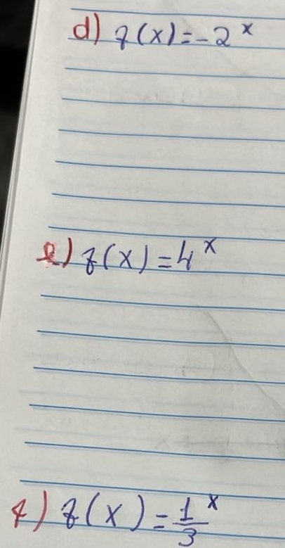 dì f(x)=-2^x
e) z(x)=4^x
4) f(x)=frac 13^x