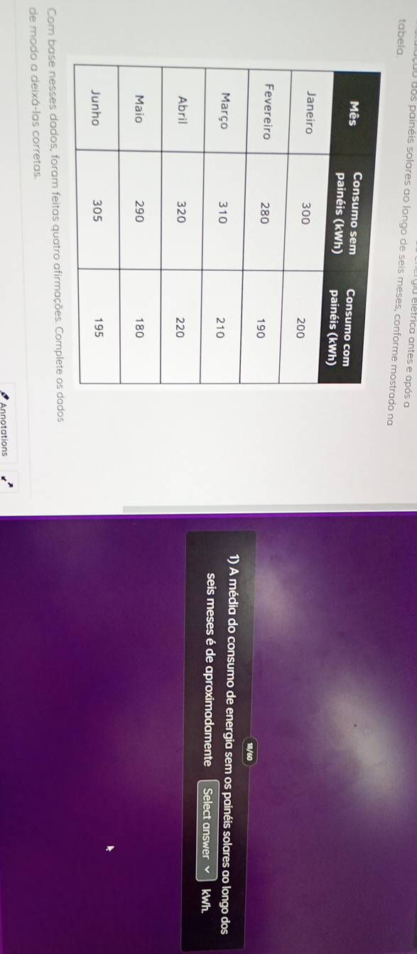 glu elétrica antes e após a 
tabela. 
O dos painéis solares ao longo de seis meses, conforme mostrado na 
1) A média do consumo de energia sem os painéis solares ao longo dos 
seis meses é de aproximadamente Select answer kWh. 
Com base nesses dados, foram feitas quatro afirmações. Complete os dados 
de modo a deixá-las corretas. 
Annotations