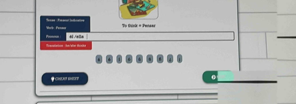 Tense : Present Indicative 
Verb : Pensar To think = Pensar 
Pronoun él /ella 
Translation : he/she thinks
6 1 6 á a n 
# CHEAT SHEeT 
。