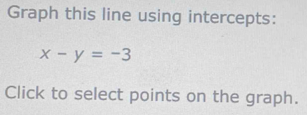 Graph this line using intercepts:
x-y=-3
Click to select points on the graph.