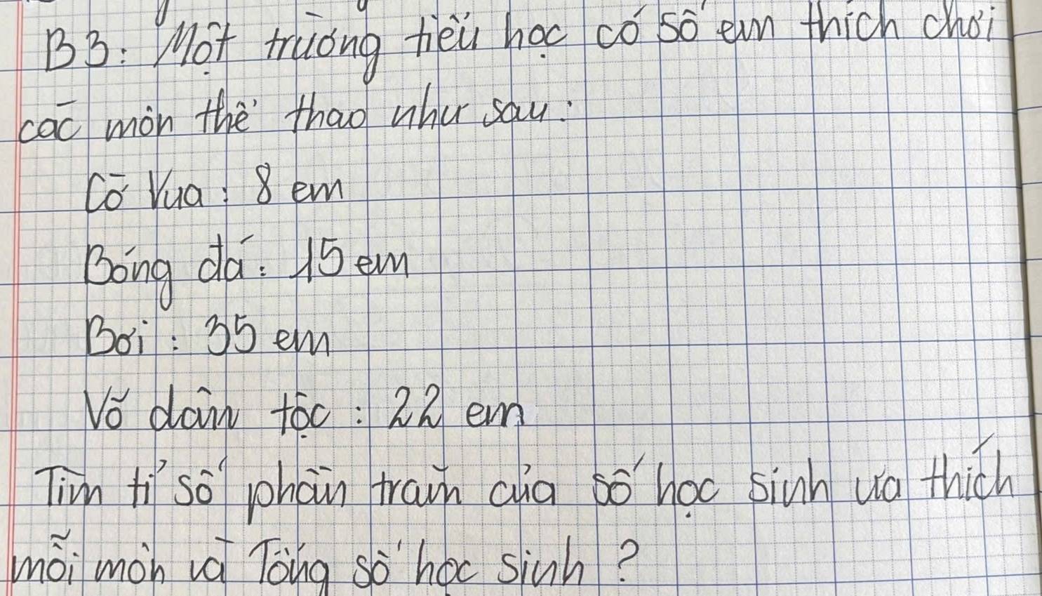 B3: Mot truóng tièi hac co so eun thich choi 
cac mon the thao wha sau: 
Co Vua8 em 
Bong da. 15 em
Boi: 35 em
Vo dan too : 22 em
Tim tií so phan train cua so hoc binh wa thich 
mòi mon va Toing sò hocsiùh?