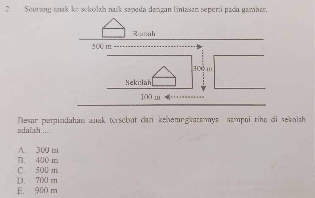 Seorang anak ke sekolah naik sepeda dengan lintasan seperti pada gambar.
Rumah
500 m
300 m
Sekolah
100 m
Besar perpindahan anak tersebut dari keberangkatannya sampai tiba di sekolah
adalah ....
A. 300 m
B. 400 m
C. 500 m
D. 700 m
E. 900 m