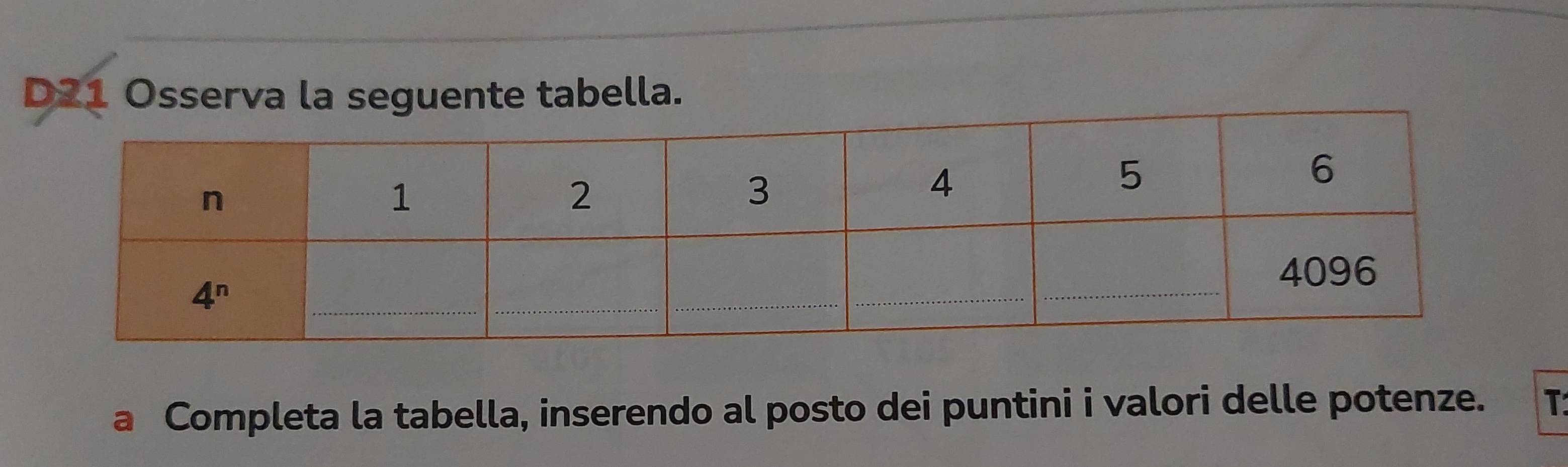 D21 Osserva la seguente tabella.
a Completa la tabella, inserendo al posto dei puntini i valori delle potenze. T: