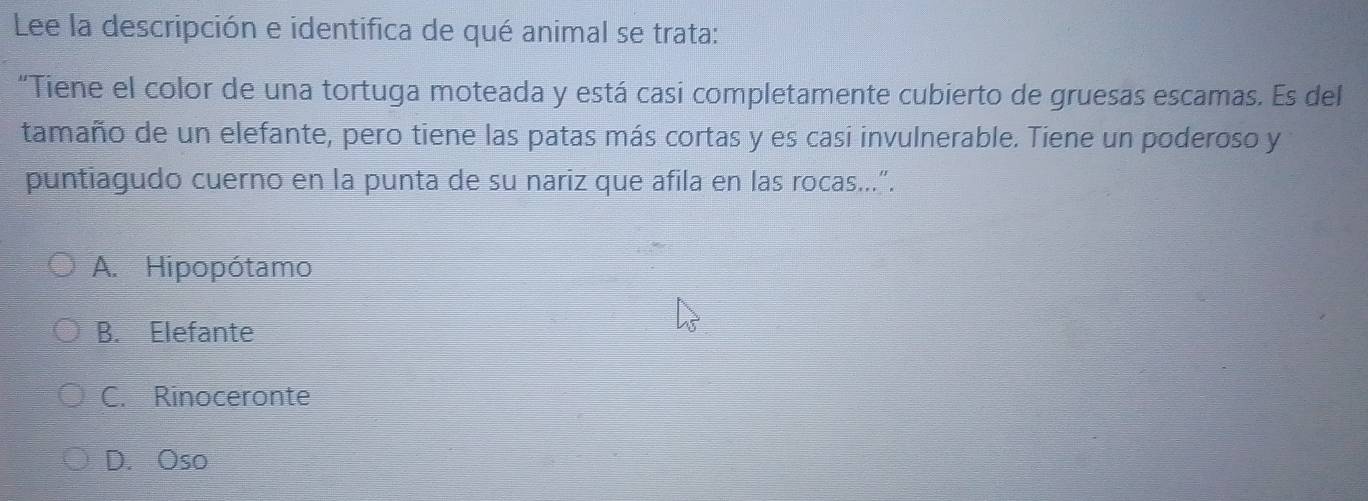 Lee la descripción e identifica de qué animal se trata:
“Tiene el color de una tortuga moteada y está casi completamente cubierto de gruesas escamas. Es del
tamaño de un elefante, pero tiene las patas más cortas y es casi invulnerable. Tiene un poderoso y
puntiagudo cuerno en la punta de su nariz que afila en las rocas...”.
A. Hipopótamo
B. Elefante
C. Rinoceronte
D. Oso