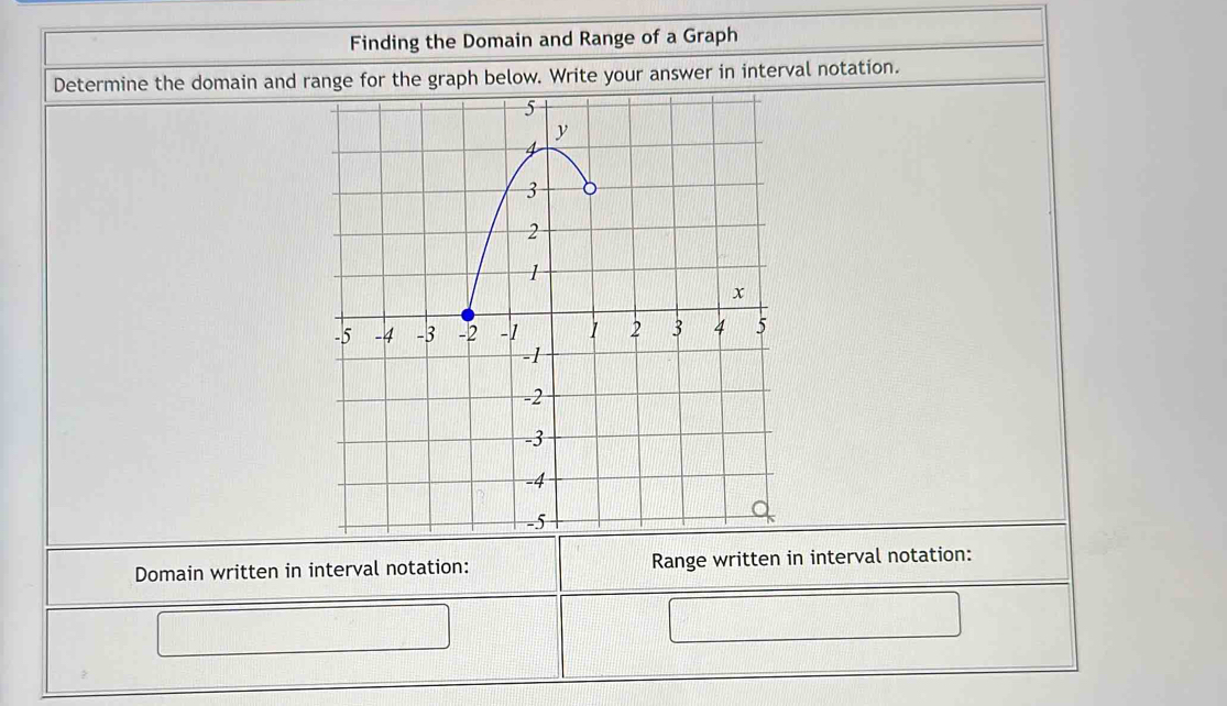 Finding the Domain and Range of a Graph 
Determine the domain and range for the graph below. Write your answer in interval notation. 
Domain written in interval notation: Range written in interval notation: