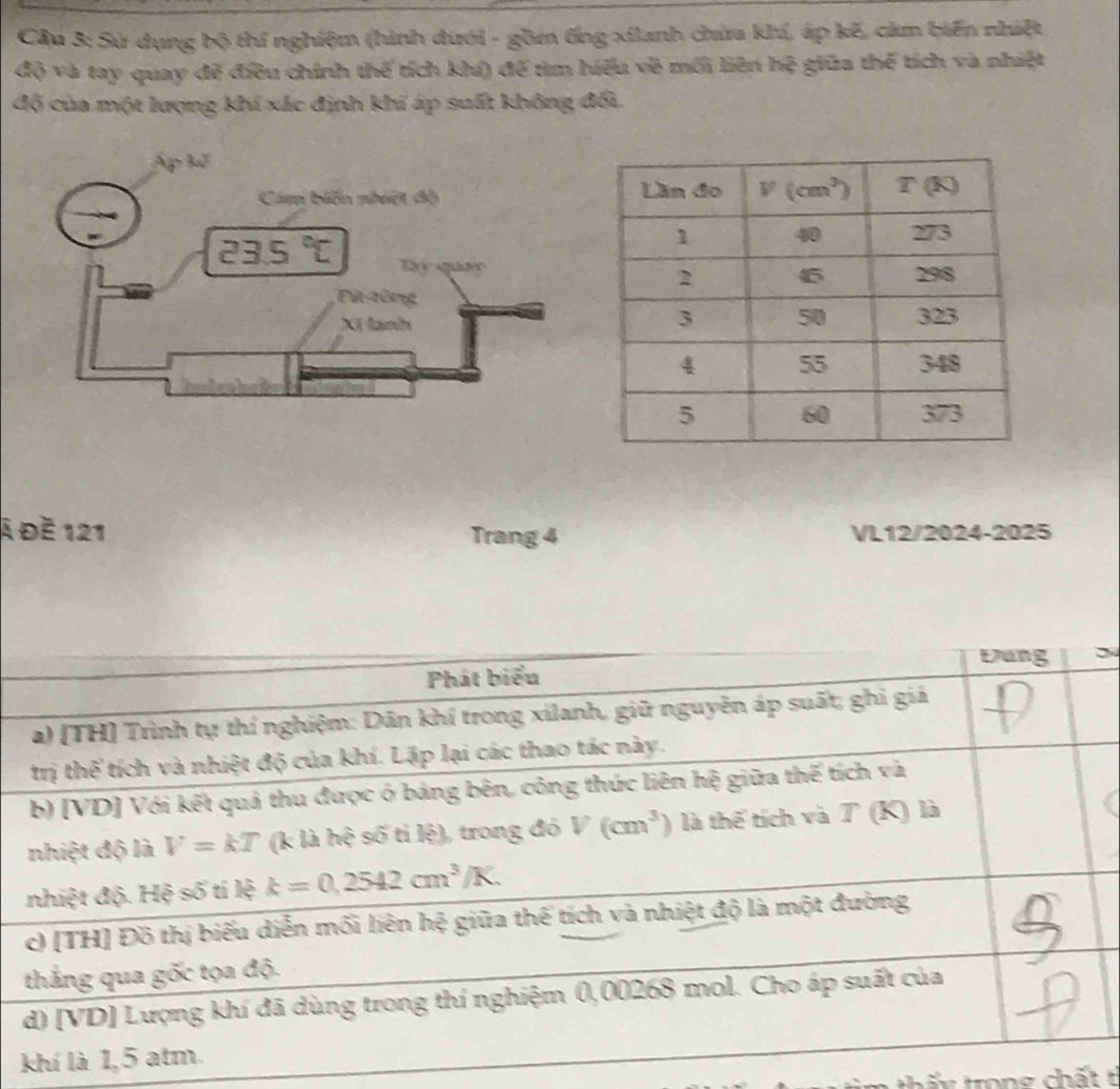 Cầu 3: Sử dụng bộ thí nghiệm (hình dưới - gồm ống xilanh chứa khí, áp kế, cảm biến nhiệt
độ và tay quay để điều chính thế tích khí) để tìm hiểu về mối liên hệ giữa thế tích và nhiệt
độ của một lượng khí xác định khí áp suất không đổi.
Á đề 121 Trang 4 VL12/2024-2025