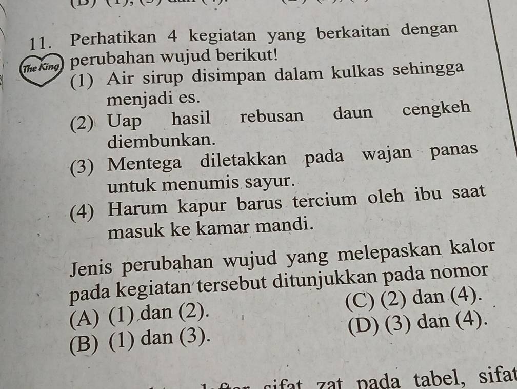 (1),
11. Perhatikan 4 kegiatan yang berkaitan dengan
the king) perubahan wujud berikut!
(1) Air sirup disimpan dalam kulkas sehingga
menjadi es.
(2) Uap hasil rebusan daun cengkeh
diembunkan.
(3) Mentega diletakkan pada wajan panas
untuk menumis sayur.
(4) Harum kapur barus tercium oleh ibu saat
masuk ke kamar mandi.
Jenis perubahan wujud yang melepaskan kalor
pada kegiatan tersebut ditunjukkan pada nomor
(A) (1) dan (2). (C) (2) dan (4).
(B) (1) dan (3). (D) (3) dan (4).
sif at pada tabel, sifat