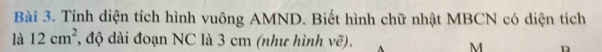 Tính diện tích hình vuông AMND. Biết hình chữ nhật MBCN có diện tích 
là 12cm^2 , độ dài đoạn NC là 3 cm (như hình vẽ). M D