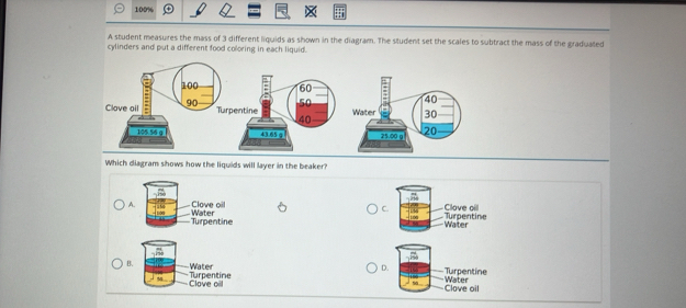 100%
A student measures the mass of 3 different liquids as shown in the diagram. The student set the scales to subtract the mass of the graduated
cylinders and put a different food coloring in each liquid.
Which diagram shows how the liquids will layer in the beaker?
A
C
D.
B Turpentine Water
Clove oil