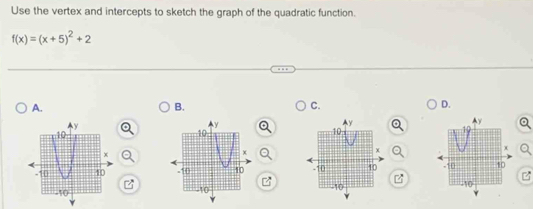 Use the vertex and intercepts to sketch the graph of the quadratic function.
f(x)=(x+5)^2+2
A. 
B. 
C. 
D.