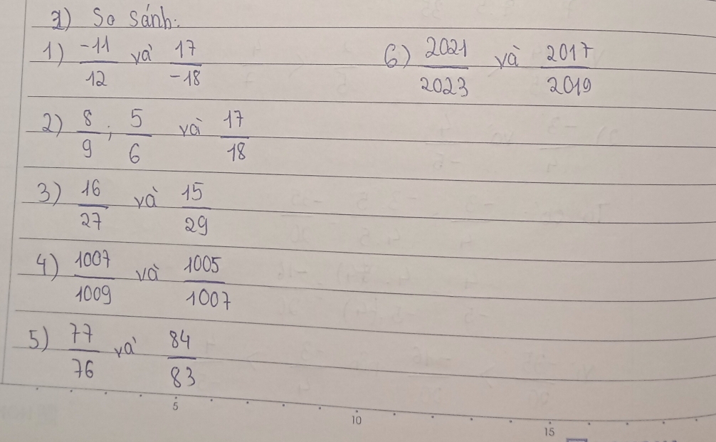 So sanh: 
1)  (-11)/12  yá  17/-18 
6)  2021/2023 
yá  2017/2019 
2)  8/9 ;  5/6  rái  17/18 
3)  16/27 
 15/29 
4)  1007/1009  vái  1005/1007 
5)  77/76  ya  84/83 