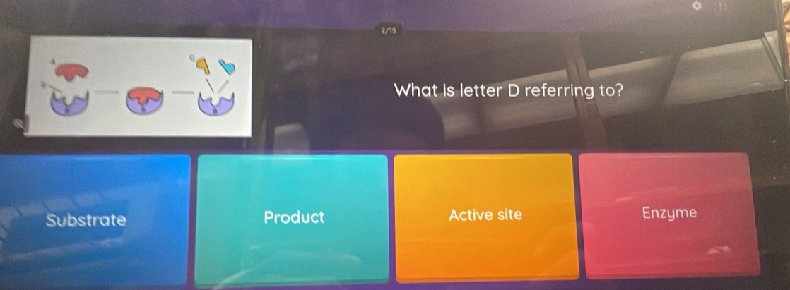 What is letter D referring to?
Substrate Product Active site Enzyme